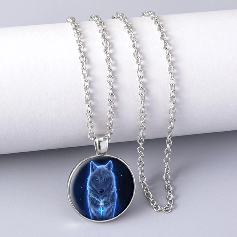 Siberian Wolf Head Totem Pendant Necklace Vintage Alloy Silver Plated Glass Cabochon Gothic Jewelry For Men Women