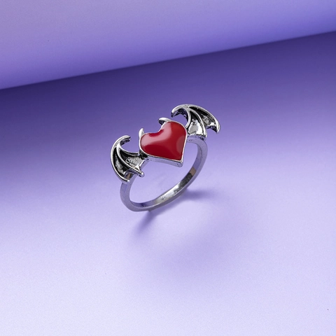 Gothic Vintage Alloy Red Black Heart Ring With Bat Wings Demon Wings Punk Hip Hop Finger Ring For Women Halloween Party Jewelry