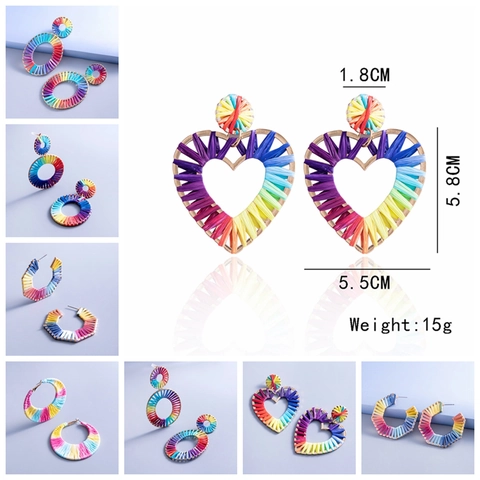 Boheemse Regenboog Handgeweven Raffia Hart Ovaal Legering Verguld Stro Gevlochten Geometrische Grote Oorbellen Voor Vrouwen Sieraden