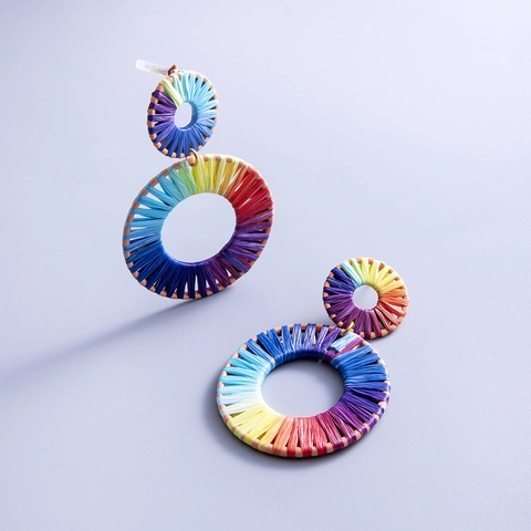 Boheemse Regenboog Handgeweven Raffia Hart Ovaal Legering Verguld Stro Gevlochten Geometrische Grote Oorbellen Voor Vrouwen Sieraden