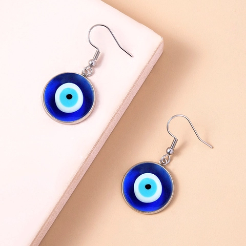 Blaues Evil Eye Hängeohrringe Legierung Glas Runder Anhänger Türkisch Ethno Boho Mode Schmuck Geschenk Für Frauen
