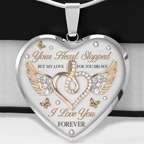 Alloy Heart Pendant Necklace With Angel Wings Butterfly Rhinestone Engraved Memorial Letter Snake Bone Chain Jewelry For Women