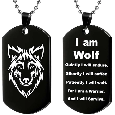 Wolf Head Pendant Necklace Stainless Steel Dog Tag With Inspirational Quote Motivational Jewelry For Men
