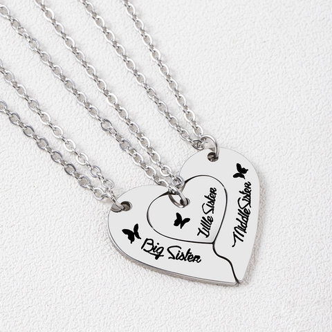 Stainless Steel Heart Puzzle Pendant Necklaces Butterfly Engraved Big Middle Little Sister Best Friend Friendship Jewelry Silver Color