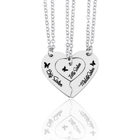 Stainless Steel Heart Puzzle Pendant Necklaces Butterfly Engraved Big Middle Little Sister Best Friend Friendship Jewelry Silver Color