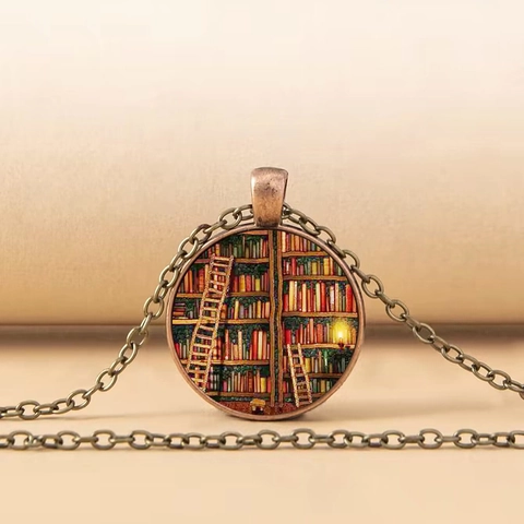 Vintage Bücherregal Anhänger Halskette Antike Bronze Legierung Glas Zeit Edelstein Literarisch Retro Schmuck Für Damen Herren