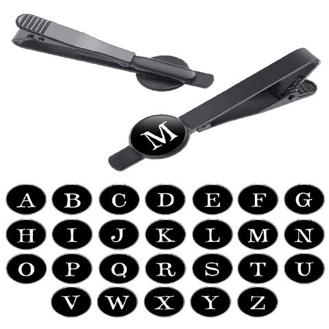 Men's Black Stainless Steel Tie Clip With 26 Initial Alphabet Letter Round Plate Laser Engraved Business Office Tie Bar Accessory Gift