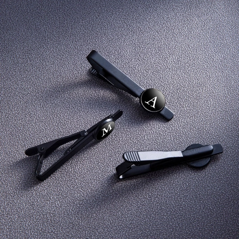 Men's Black Stainless Steel Tie Clip With 26 Initial Alphabet Letter Round Plate Laser Engraved Business Office Tie Bar Accessory Gift