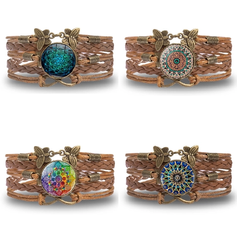 Bohemisches Mehrlagiges Geflochtenes Lederarmband Mit Schmetterling Unendlichkeit Mandala Glas Cabochon Vintage Schmuck