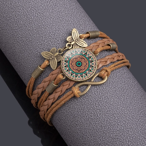 Bohemisches Mehrlagiges Geflochtenes Lederarmband Mit Schmetterling Unendlichkeit Mandala Glas Cabochon Vintage Schmuck