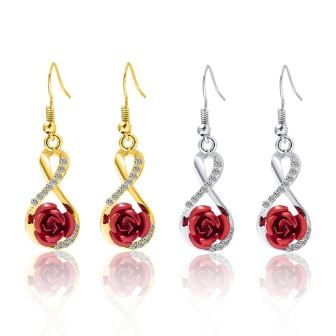 Infinity Rose Hängeohrringe Legierung Strass Gedrehte Acht Form Funkelnde Blumen Ohrhänger Schmuck Für Damen Romantisches Geschenk