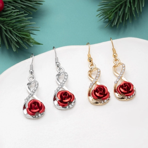 Infinity Rose Hängeohrringe Legierung Strass Gedrehte Acht Form Funkelnde Blumen Ohrhänger Schmuck Für Damen Romantisches Geschenk