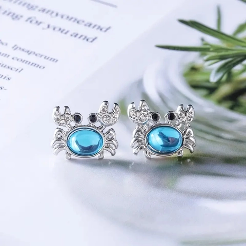 Cute Crab Stud Earrings Women Silver Plated Alloy With Blue Synthetic Crystal And Rhinestone Nautical Animal Jewelry