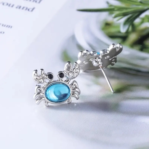 Cute Crab Stud Earrings Women Silver Plated Alloy With Blue Synthetic Crystal And Rhinestone Nautical Animal Jewelry