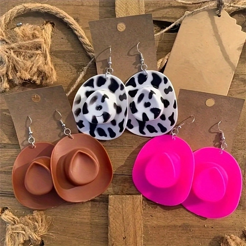 Boucles D'oreilles Pendantes Chapeau De Cow-Boy Western Créatif Mini Acrylique Motif Vache Bijoux Style Rétro Pour Femmes