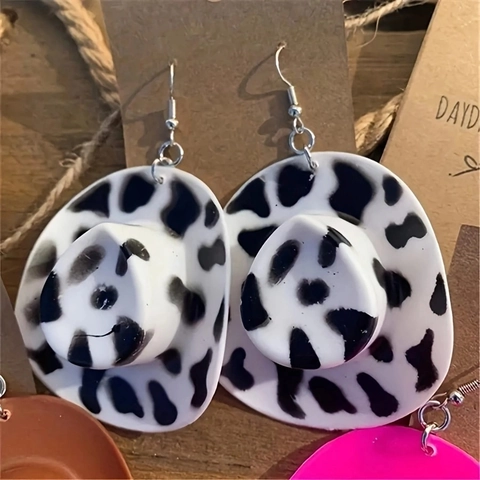 Boucles D'oreilles Pendantes Chapeau De Cow-Boy Western Créatif Mini Acrylique Motif Vache Bijoux Style Rétro Pour Femmes