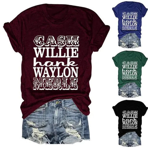 Women Retro Country Music Singer Names Graphic Print Cotton Blend T-Shirt Casual Round Neck Loose Short Sleeve Summer Top