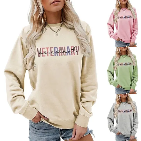 Women Sweatshirt Pullover And Denim Shorts Veterinary Assistant Print Cotton Blend Round Neck Long Sleeve Casual Top