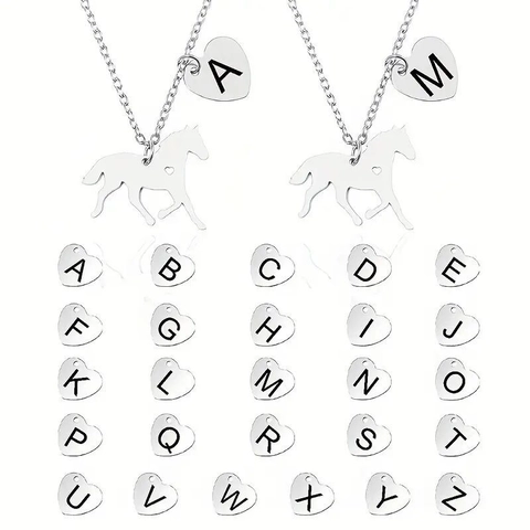 Collana Iniziale Cavallo in Acciaio Inossidabile Pendente Cuore Lettera A-Z Gioielli Animali Per Uomo Donna Minimalista Argento