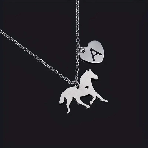 Collana Iniziale Cavallo in Acciaio Inossidabile Pendente Cuore Lettera A-Z Gioielli Animali Per Uomo Donna Minimalista Argento