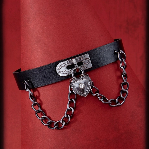 Punk Goth PU Leather Choker Necklace Heart Lock Pendant Dangling Metal Chains Rhinestone Adjustable Collar For Women