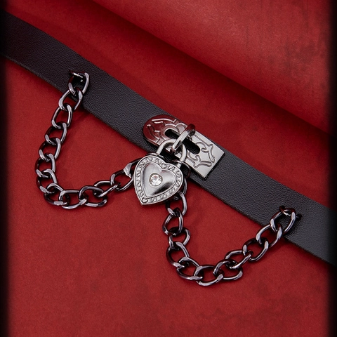Punk Goth PU Leather Choker Necklace Heart Lock Pendant Dangling Metal Chains Rhinestone Adjustable Collar For Women