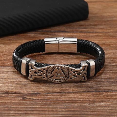 Men Braided Leather Bracelet With Valknut Viking Runes Alloy Metal Magnetic Clasp Punk Vintage Jewelry Wristband