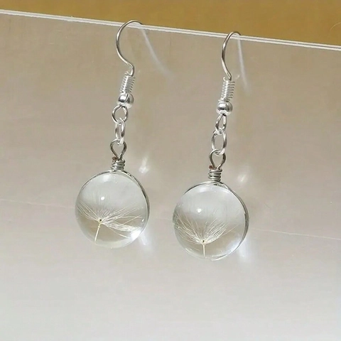 Dandelion Seed Glass Ball Drop Earrings Transparent Sphere Nature Forest Style Jewelry For Women Handmade