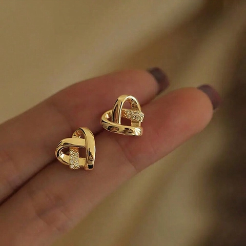 Intertwined Hollow Heart Stud Earrings Alloy Rhinestone Delicate Elegant Small Simple Jewelry For Women