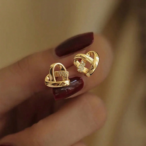 Intertwined Hollow Heart Stud Earrings Alloy Rhinestone Delicate Elegant Small Simple Jewelry For Women