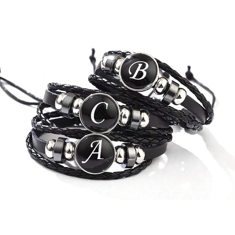 Bracelet en Cuir Tressé Vintage pour Hommes Avec Pendentif Lettre de l'Alphabet Cordon Noir Multicouche Réglable Bijoux Individuels Cadeau