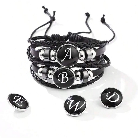 Bracelet en Cuir Tressé Vintage pour Hommes Avec Pendentif Lettre de l'Alphabet Cordon Noir Multicouche Réglable Bijoux Individuels Cadeau