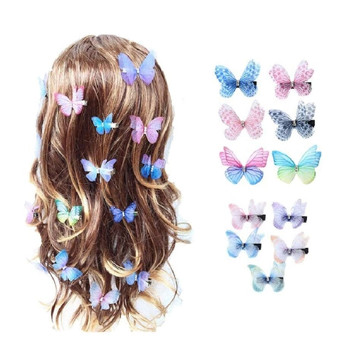 Sweet Tulle Butterfly Hair Clips For Kids Girls Gradient Rhinestone Organza Duckbill Side Clips Hair Accessories