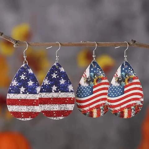 Tropfenohrringe PU Leder Amerikanische Flagge Unabhängigkeitstag Patriotisch Vintage Glitzer Sterne Streifen Damen