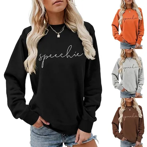 Women Casual Cotton Polyester Blend Crew Neck Sweatshirt Speechie Letter Print Long Sleeve Loose Pullover Top