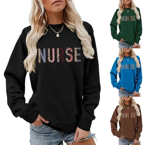 Damen Sweatshirt Rundhals Langarm Nurse Buchstaben Print Leopard Muster Lässiger Streetwear Pullover Baumwollmischung