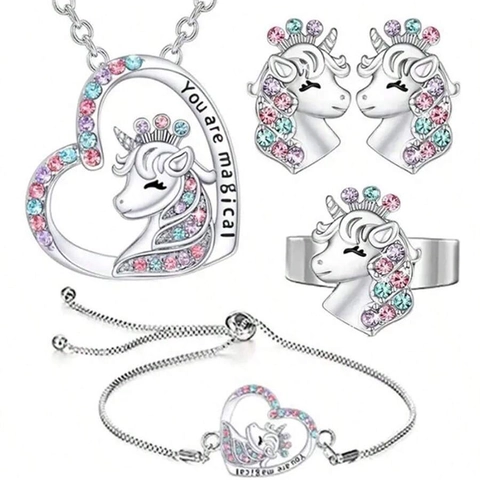 Einhorn Herz Halskette Ohrringe Armband Ring Legierung Bunte Rhinestone Graviert Magisches Geschenk Für Mädchen Kinder