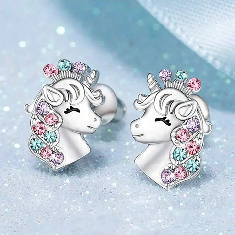 Unicorn Heart Stud Earrings And Pendant Necklace Colorful Rhinestone Zinc Alloy For Kids Cute Magical Style