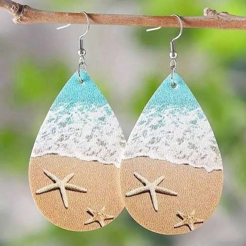 Boucles D-Oreilles Pendantes Cuir PU Imprimé Motif Vague Océan Étoile De Mer Bijoux Bohème Vacances Pour Femmes