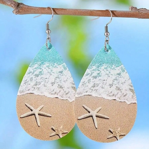 Boucles D-Oreilles Pendantes Cuir PU Imprimé Motif Vague Océan Étoile De Mer Bijoux Bohème Vacances Pour Femmes