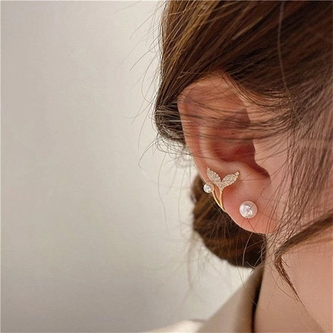 Mermaid Tail Artificial Pearl Stud Earrings Alloy Rhinestone Simple Elegant Versatile Jewelry Gift For Women