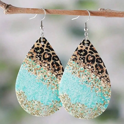 Pendientes Colgantes De Lágrima Estampado De Leopardo Cuero PU Purpurina Azul Estilo Bohemio Occidental Para Mujeres