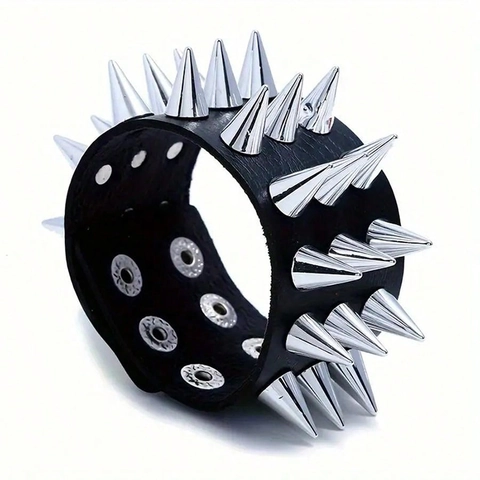 Pulsera De Cuero Ancha Punk Rock Triple Fila De Pinchos Cónicos Goth Biker Brazalete Ajustable Unisex