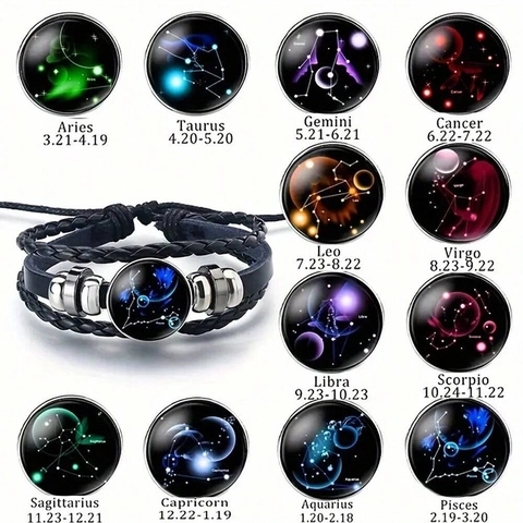 Pulsera Trenzada de Cuero con Signo del Zodiaco Multicapa Hecha a Mano Ajustable Punk Hip Hop Constelación Hombres Mujeres Joyería
