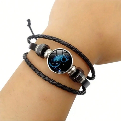 Pulsera Trenzada de Cuero con Signo del Zodiaco Multicapa Hecha a Mano Ajustable Punk Hip Hop Constelación Hombres Mujeres Joyería