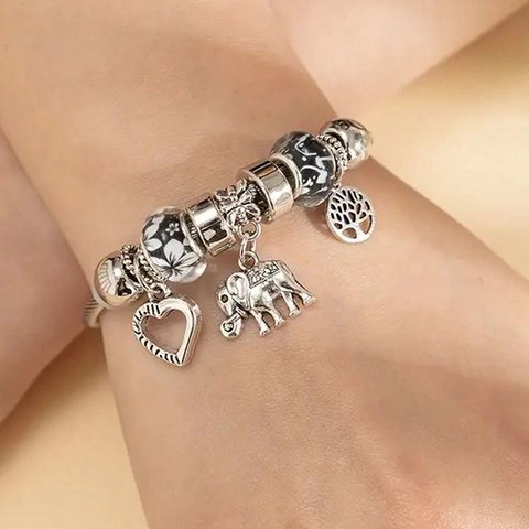 Beaded Armband Aus Zinklegierung Mit Herz Elefant Lebensbaum Anhängern Emaille Perlen Draht Armreif Für Damen