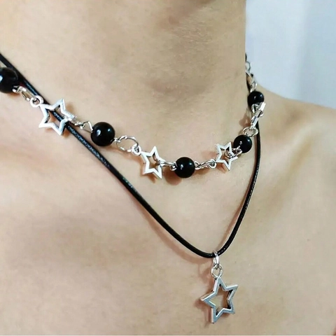 Collier Double Rangée Alliage Pendentif Étoile Creuse Perles Noires Style Punk Cordon De Cire Pour Femmes