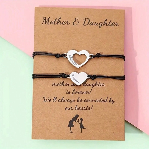 Mother Daughter Heart Bracelet Set Adjustable Braided Black Wax Rope With Engraved Hollow Metal Charms Women Kids Jewelry Gift