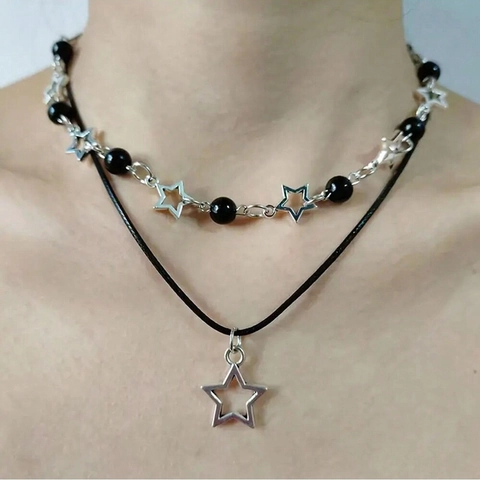 Collier Double Rangée Alliage Pendentif Étoile Creuse Perles Noires Style Punk Cordon De Cire Pour Femmes