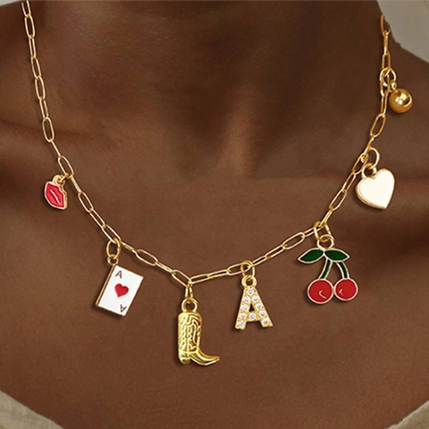 Mode Roestvrij Staal Paperclip Ketting Halsketting Met Legering Strass Beginletter Emaille Hart Poker Ace Lippen Laars Kers Hanger Voor Dames
